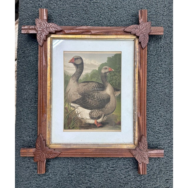 Vintage Black Forest Style Carved Wooden Frame With Two Geese Lithograph Print For Sale - Image 4 of 10