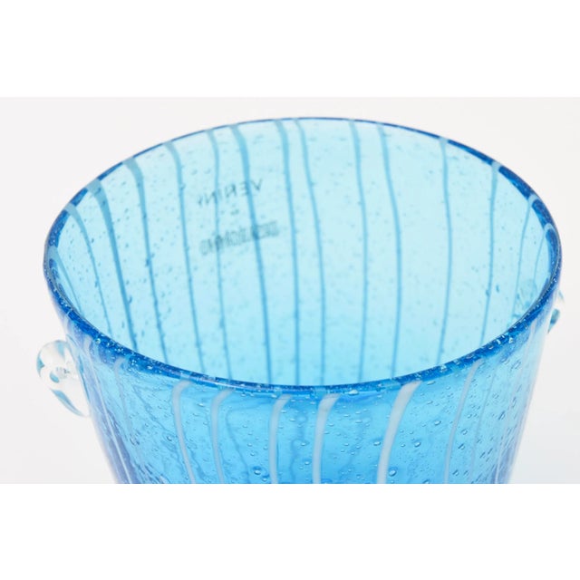 Murano Venini Sapphire Turquoise Glass Ice Bucket With White Lines 1980's For Sale - Image 10 of 10