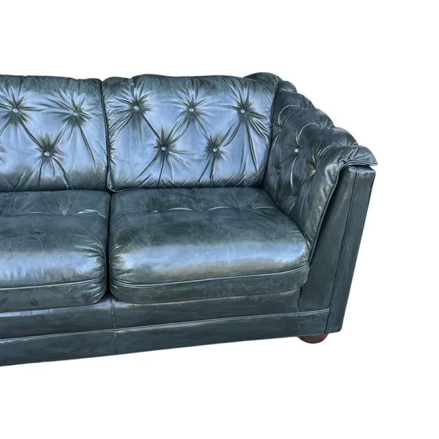 Wood Vintage Dark Green Leather English Club Sofa With Tufted Back & Rich Patina For Sale - Image 7 of 10