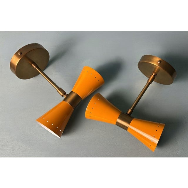 Mid-Century Modern Stilnovo Style Pair of Italian Wall Sconces in Lacquered Metal and Brass For Sale - Image 3 of 12