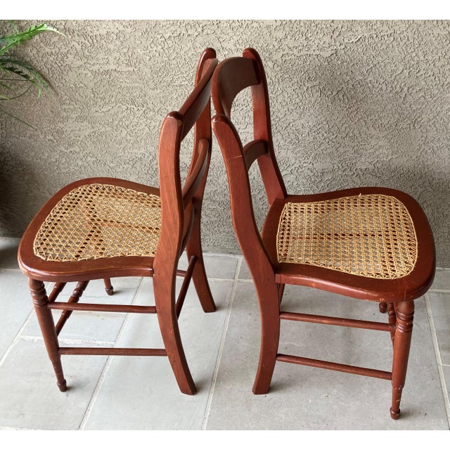 Wood Circa 1920 Solid Oak Wood & Cane Seat Two-Rung Curved Ladderback Accent Chairs – A Pair For Sale - Image 7 of 18