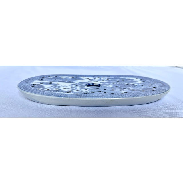 Staffordshire Antique English Blue Willow Pierced Ceramic Fish Platter Drainer, 8" For Sale - Image 4 of 8