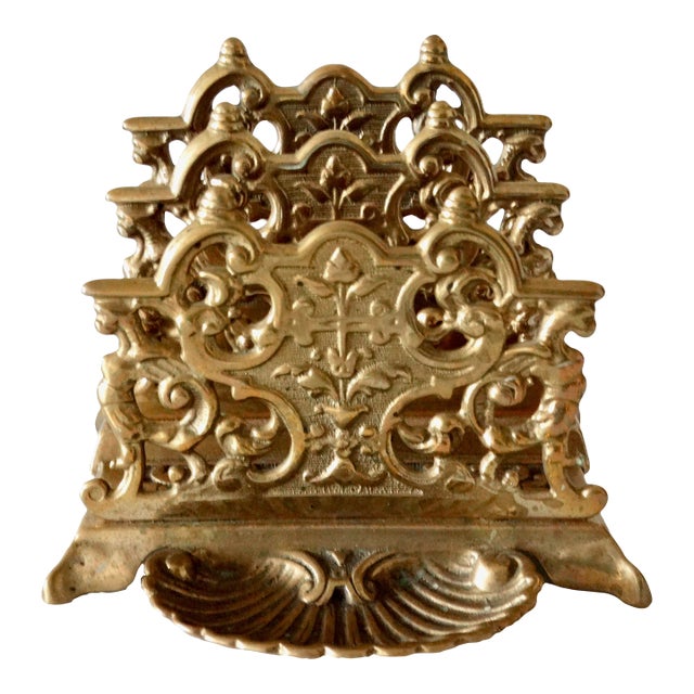 Fine quality early 1920's antique English desk-top letter rack in gold gilt finish. This handsome footed, pierced letter...