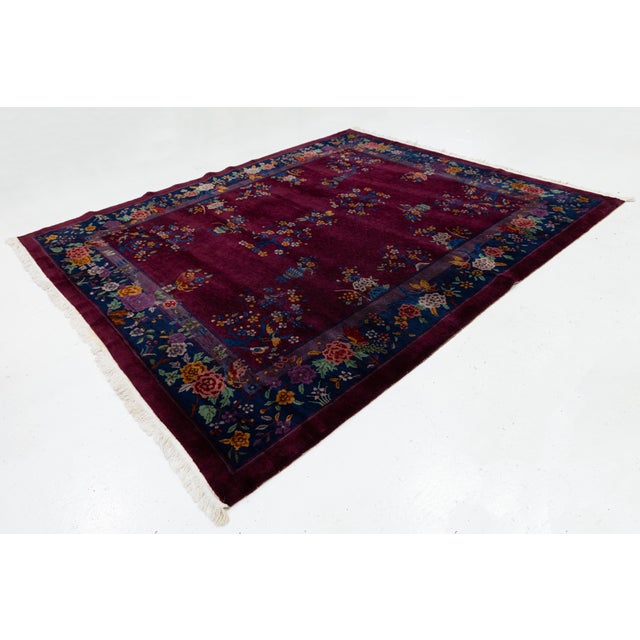 1920s Antique Chinese Art Deco Plum Wool Rug With Floral Vases & Navy Border For Sale - Image 12 of 12