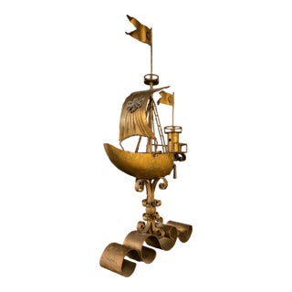 Monumental Brutalist Gilt Metal Ship Sculpture – Mid-Century Maritime Art For Sale