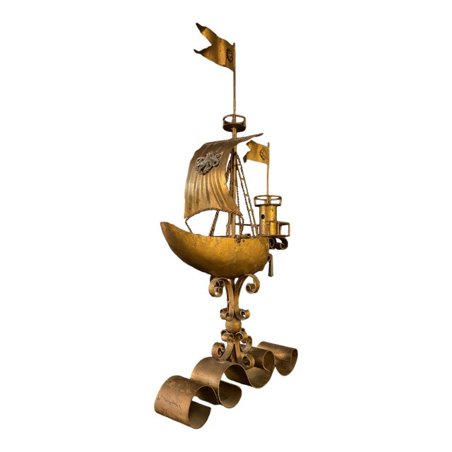 Monumental Brutalist Gilt Metal Ship Sculpture – Mid-Century Maritime Art For Sale