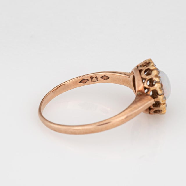 Late 19th Century Antique Victorian Ring Opal Rose Cut Diamond Cluster 10k Yellow Gold Pinky Halo, Size 5.5 For Sale In Los Angeles - Image 6 of 6