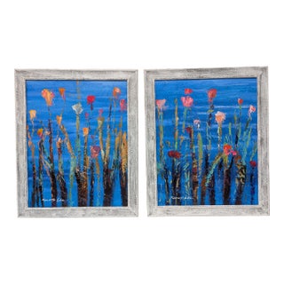 Pair of Framed Textured Floral Art on Canvas For Sale