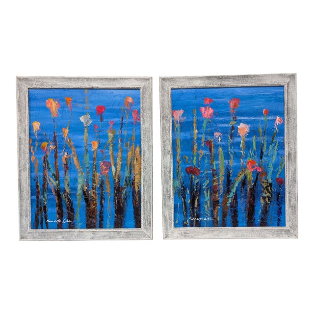 Pair of Framed Textured Floral Art on Canvas For Sale