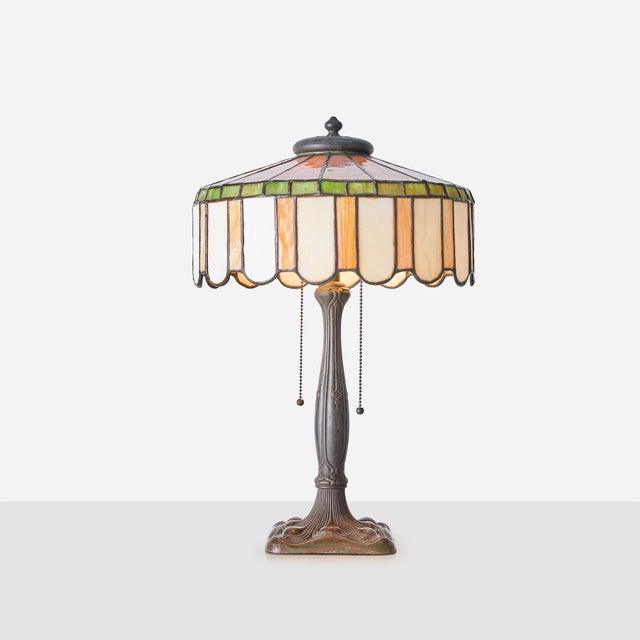 1920s Art Nouveau Slag Glass Table Lamp with Metal Overlay For Sale - Image 4 of 14