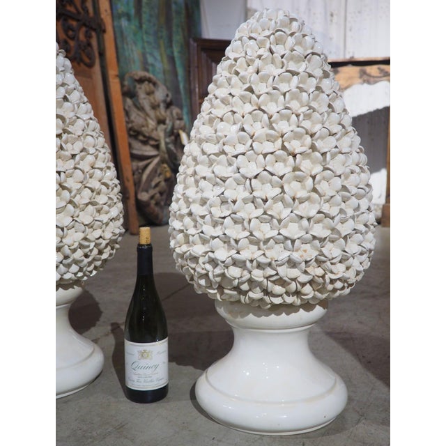 Pair of Tall Italian Pyramidal Creamware Topiaries, H-28 Inches For Sale - Image 17 of 18