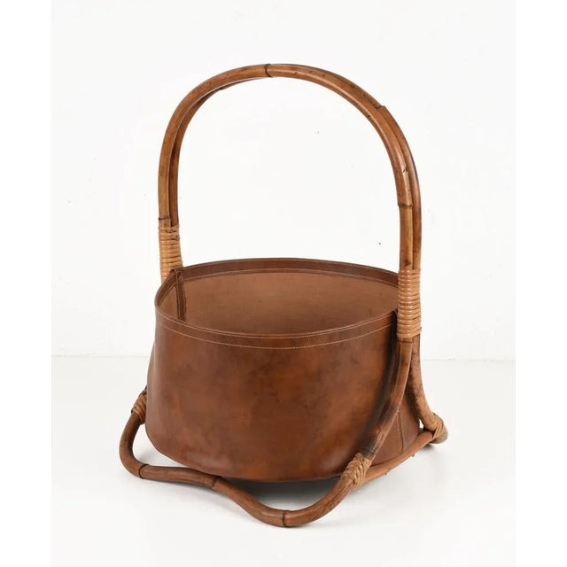 Mid-Century Bamboo, Rattan & Leather Magazine Rack by Adnet, 1970s For Sale - Image 4 of 15