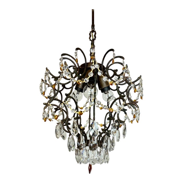 Vintage 1960s Bronze Crystal Amber Chandelier – 3 Light For Sale