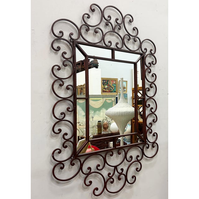Spanish Revival Monumental Ornate Vintage Scrolled Iron Wall Mirror For Sale - Image 3 of 8