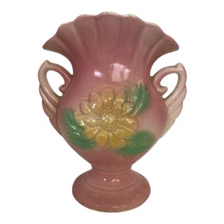 Hull U. S. A. Pottery Double Handle Pink and Yellow Magnolia Flower Vase For Sale