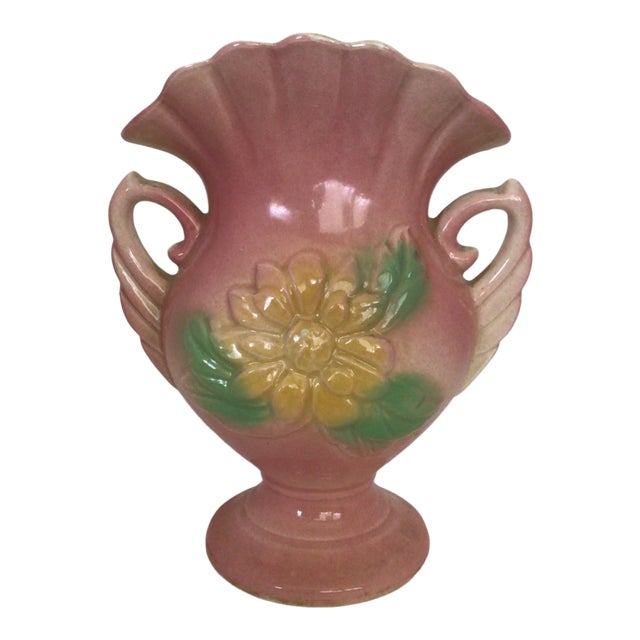 Hull U. S. A. Pottery Double Handle Pink and Yellow Magnolia Flower Vase For Sale