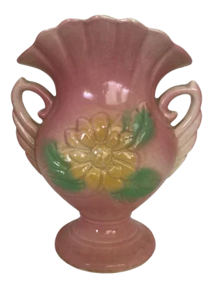 Vintage Hull U. S. A. Pottery Double Handle Pink and Yellow Magnolia Flower Vase