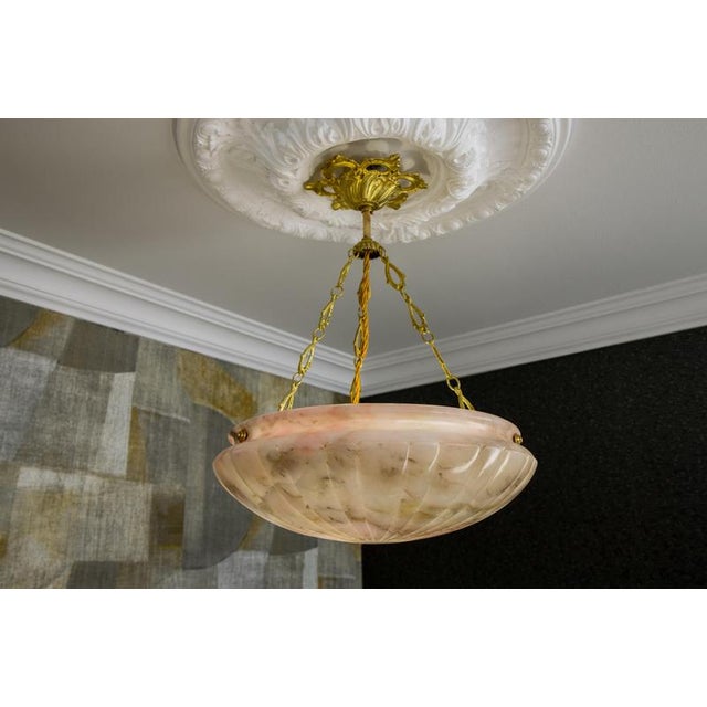 Art Deco French Pink and Gray Alabaster and Bronze Pendant Light, 1920s For Sale - Image 6 of 18