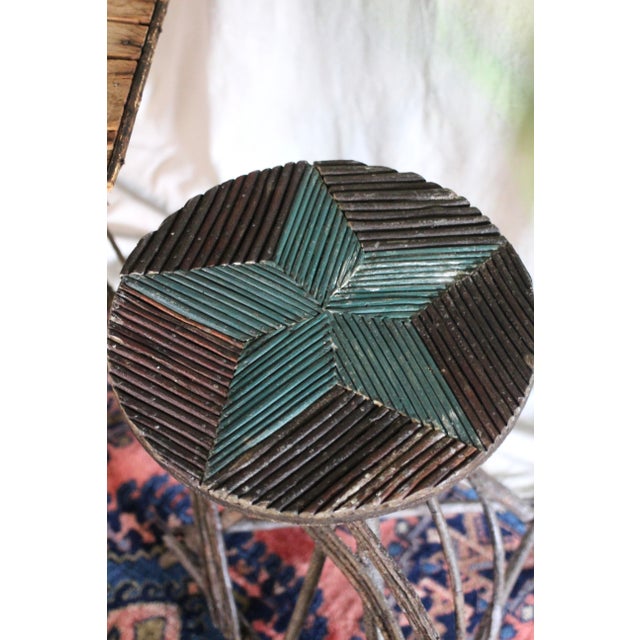 Antique Adirondack Twig Side Table with Star Motif and green paint, Circa Late 19th - Early 20th Century An older...
