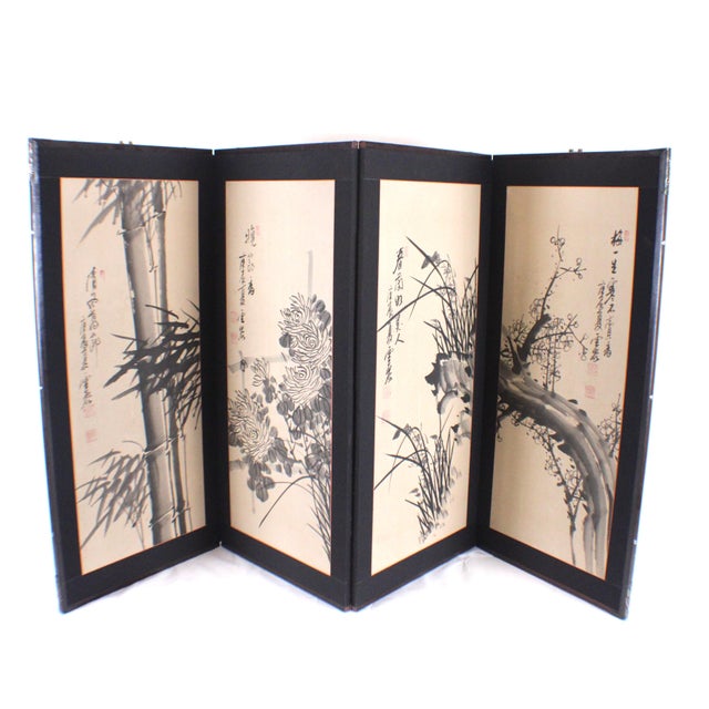 1960s Chinese Bamboo Floral Scene 4 Panel Silk Folding Screen Watercolor Painting Signed For Sale - Image 12 of 15