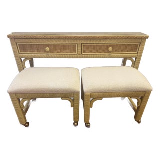 Vintage Henry Link Wicker-Wrapped Upholstered Stools - A Pair For Sale