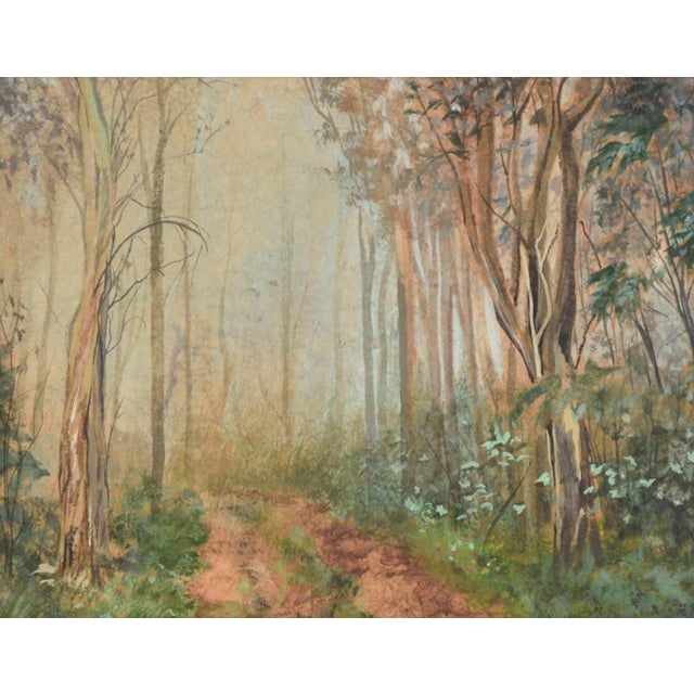 A beautiful, atmospheric forest scene by American artist Gary Hicks (American, 20th Century), c.1970's. A small trail...