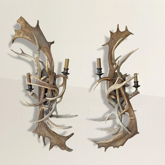 Constructed from a dramatic assemblage of fallow deer antlers, these Adirondack-style sconces belong to a uniquely...