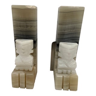 Mid 20th Century Carved Onyx Marble Bookends With Aztec Figural Motif, Sculptural Stone Desk Accessories For Sale