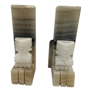 Mid 20th Century Carved Onyx Marble Bookends With Aztec Figural Motif, Sculptural Stone Desk Accessories