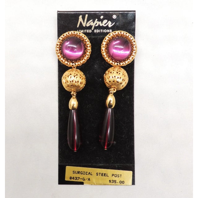 1990s Vintage Signed Napier Limited Edition Faux-Amethyst & Ruby Drop Pierced Earrings - 2 Pieces For Sale - Image 5 of 8