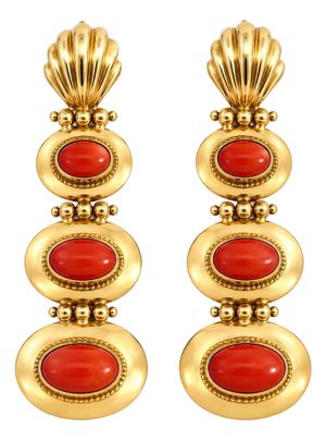 Vintage 18k Yellow Gold 3-Station Cabochon Coral Shell Dangle Drop Earrings, Pair