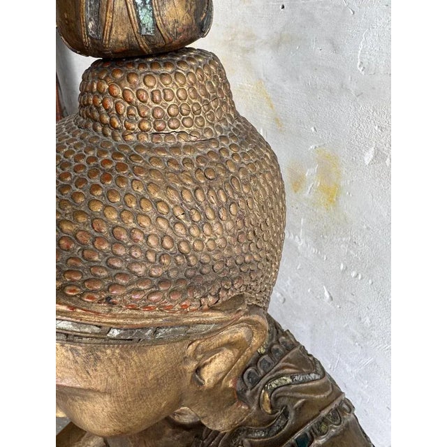 Large Seated Buddha Sculpture in Carved Base Gilded Wood For Sale - Image 17 of 18