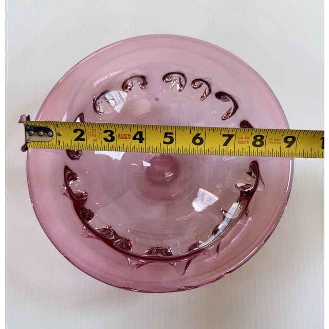 Glass Vintage Murano Style Pink Cranberry Art Glass Bowl, Pulled Spikes, UV Reactive For Sale - Image 7 of 15
