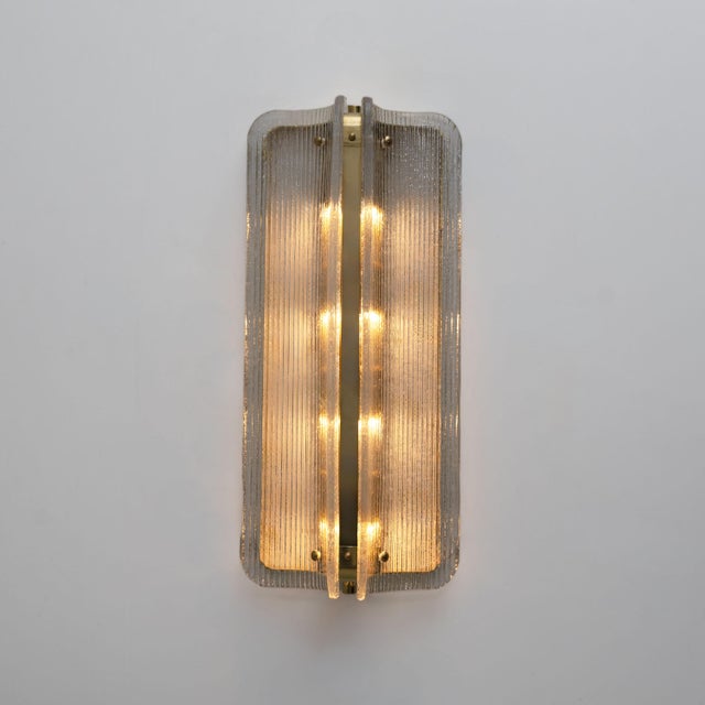 2000 - 2009 Big Curved Clear Ribbed Murano Glass and Brass Wall Sconces, 2000, Set of 2 For Sale - Image 5 of 9