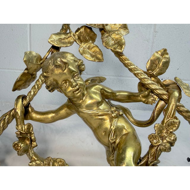 Antique Ornate Gilt Bronze Cherub Angel Putti Hanging Chandelier Fixture For Sale - Image 4 of 16