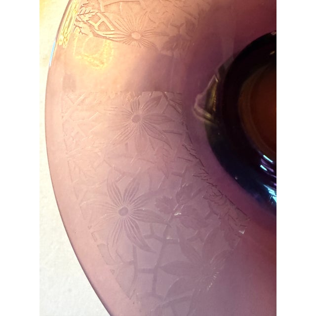 Purple 1930s Amethyst Glass Centerpiece Bowl, Large 14.5" Vintage Purple Console Bowl, Acid Etched Floral Art Deco Lattice For Sale - Image 8 of 14