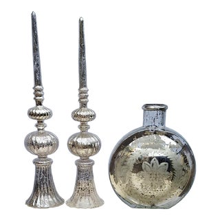 Vintage Mercury Glass Pottery Barn Vase and Finial Pair - Set of 3 For Sale