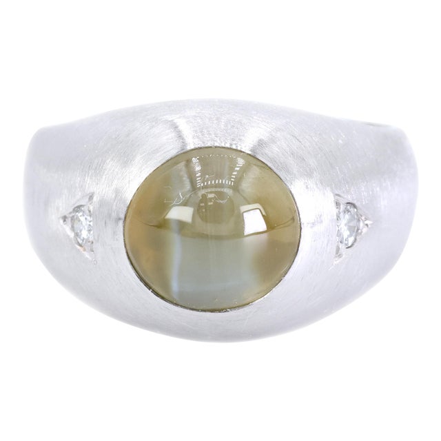 Platinum 950 Natural Chrysoberyl Cat's Eye and Natural Diamond Ring, Size 9.75 For Sale