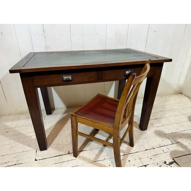 Oak Banker's Desk with Drawers, Leather Insert and Chair, 1955, Set of 2 For Sale - Image 4 of 16