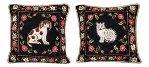 Vintage Dog & Cat Needlework Cushions - a Pair