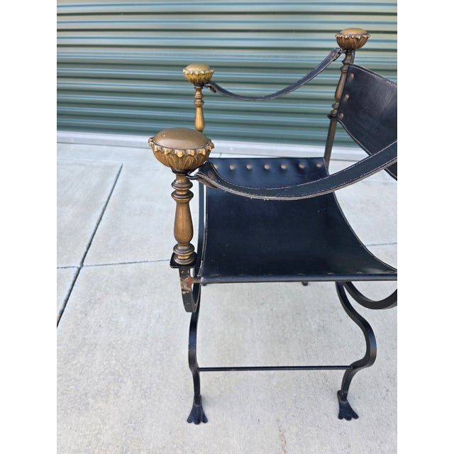 Vintage Italian Curule Savonarola Armchair in Black Leather Brass & Iron For Sale - Image 12 of 17