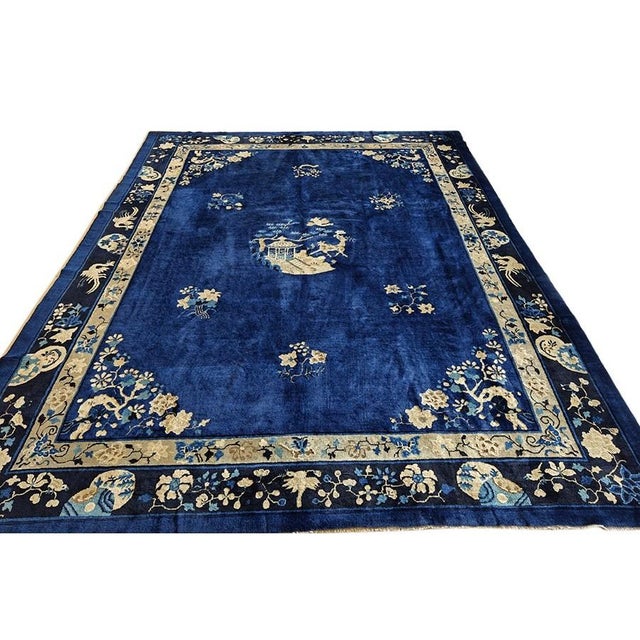 1920s Blue Scene Animals Deco Antique Peking Chinese Knotted Wool 9'x 11' 4" Rug For Sale - Image 9 of 10