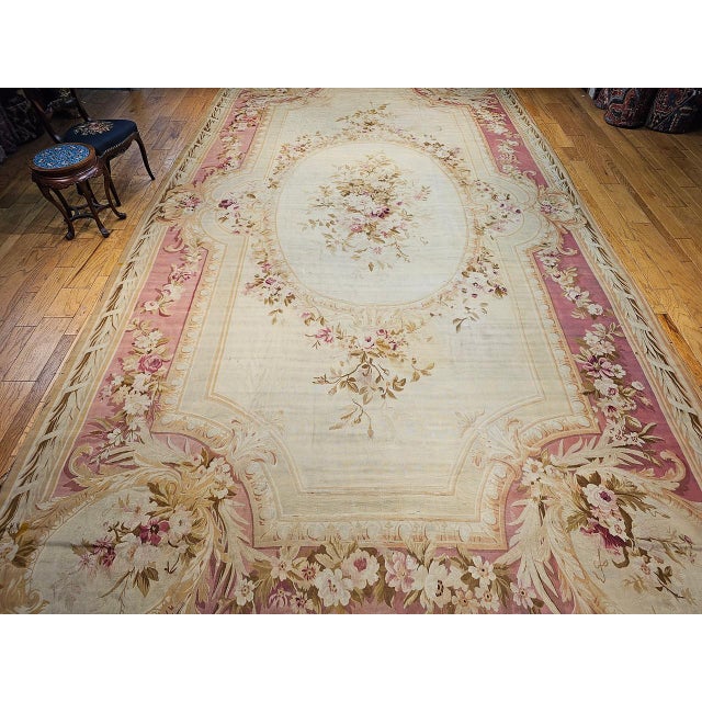 Ivory Antique French Aubusson Rug, Handwoven Wool, Floral Pattern, Ivory & Pale Green, 12' X 18' For Sale - Image 8 of 17