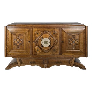 Art Deco Carved Oak Buffet with Marble Medallion in the style of Charles Dudouyt, 1930s For Sale