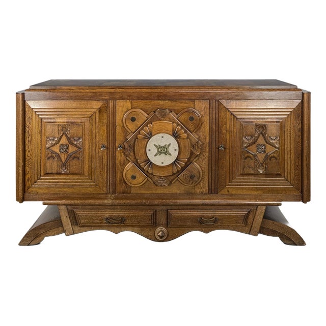 Art Deco Carved Oak Buffet with Marble Medallion in the style of Charles Dudouyt, 1930s For Sale