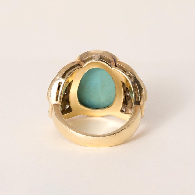1960s Vintage Italian 18k Gold 10 Carat Turquoise Oval and 2.32 Carats Diamond Ring, Size 6 For Sale - Image 5 of 6