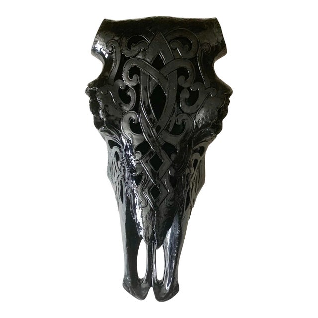 Vintage Black Lacquer Cutout Faux Animal Skull Head Wall Art For Sale