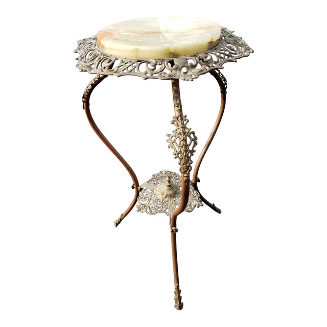 1970s Carved Iron With Stone Top Plant Stand For Sale