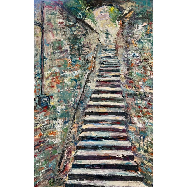 Impressionist "The Stairway", Oil Painting, by Van Ness For Sale - Image 3 of 8