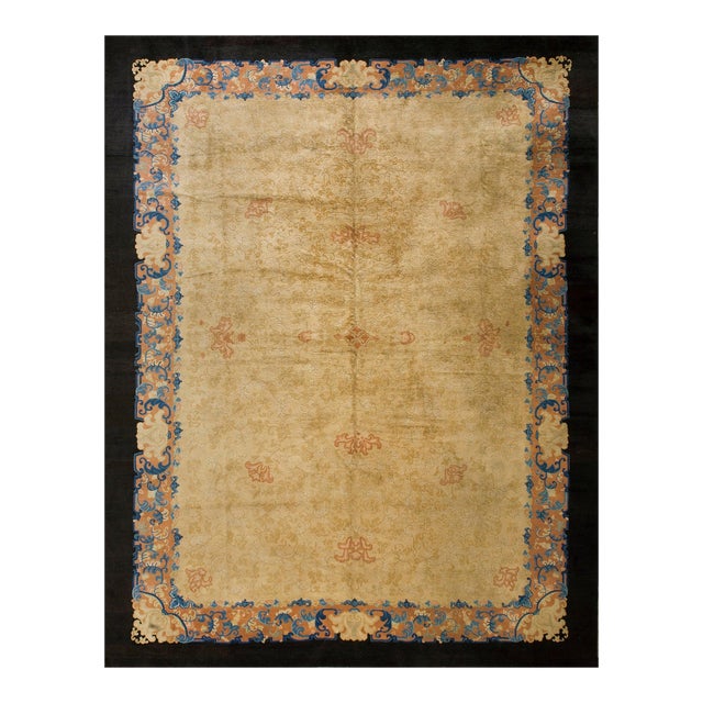 Extraordinary Beige Open Field and Colorful Border With Allover-Floral Design Antique Chinese Peking Rug For Sale